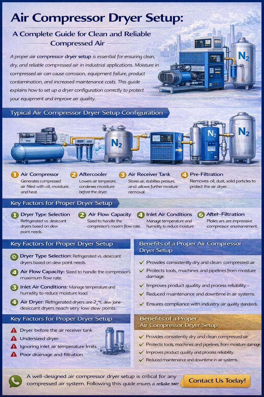 Infographic “Air Compressor Dryer Setup” showing a typical compressed-air system layout (compressor, aftercooler, receiver tank, pre-filtration, air dryer, nitrogen/air tanks), key setup factors, common mistakes, benefits, and a “Contact Us Today” call to action.