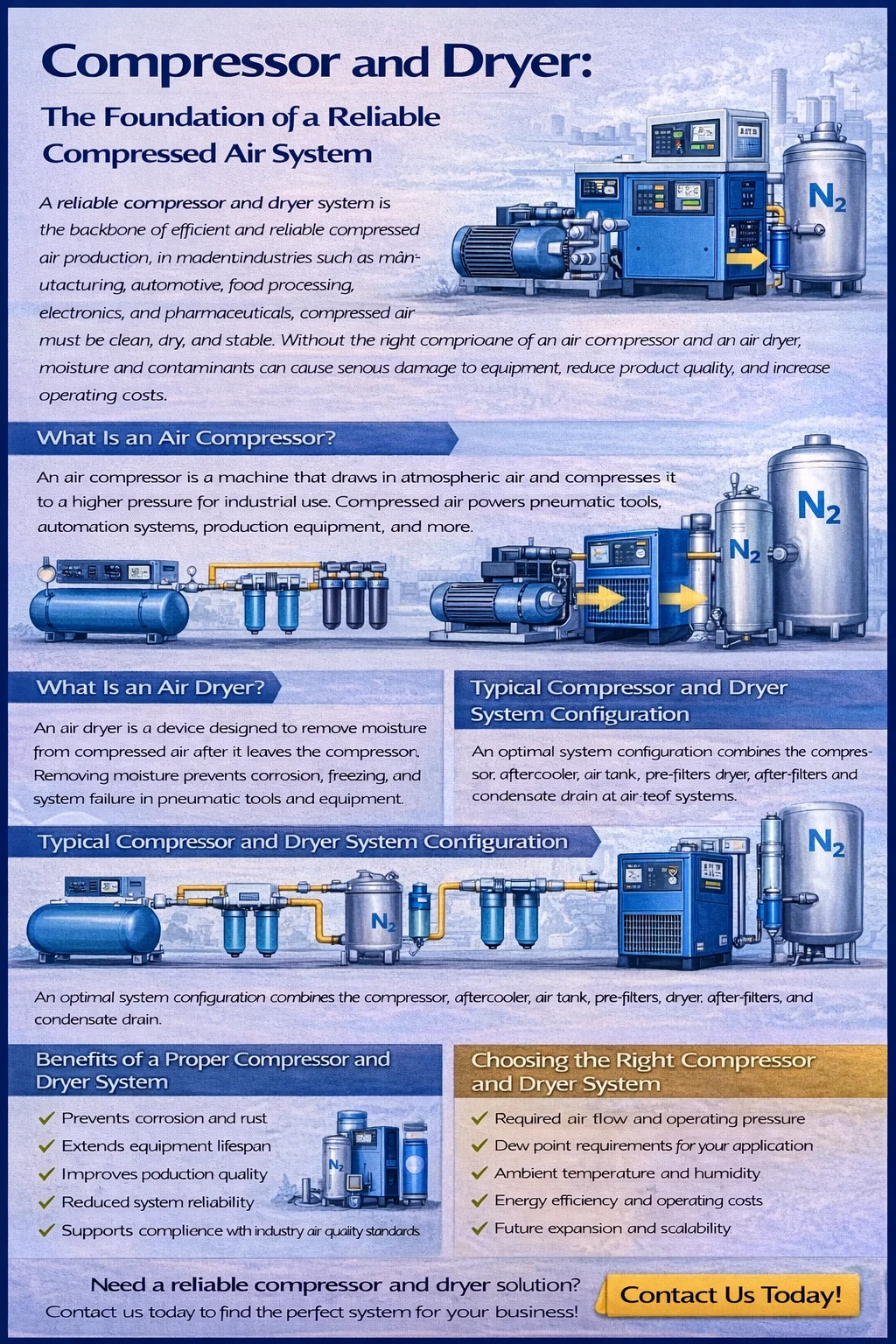 Infographic “Compressor and Dryer” explaining a reliable compressed-air system, defining an air compressor and an air dryer, showing a typical configuration with filters, tank, dryer and drains, plus benefits and tips for choosing the right system.