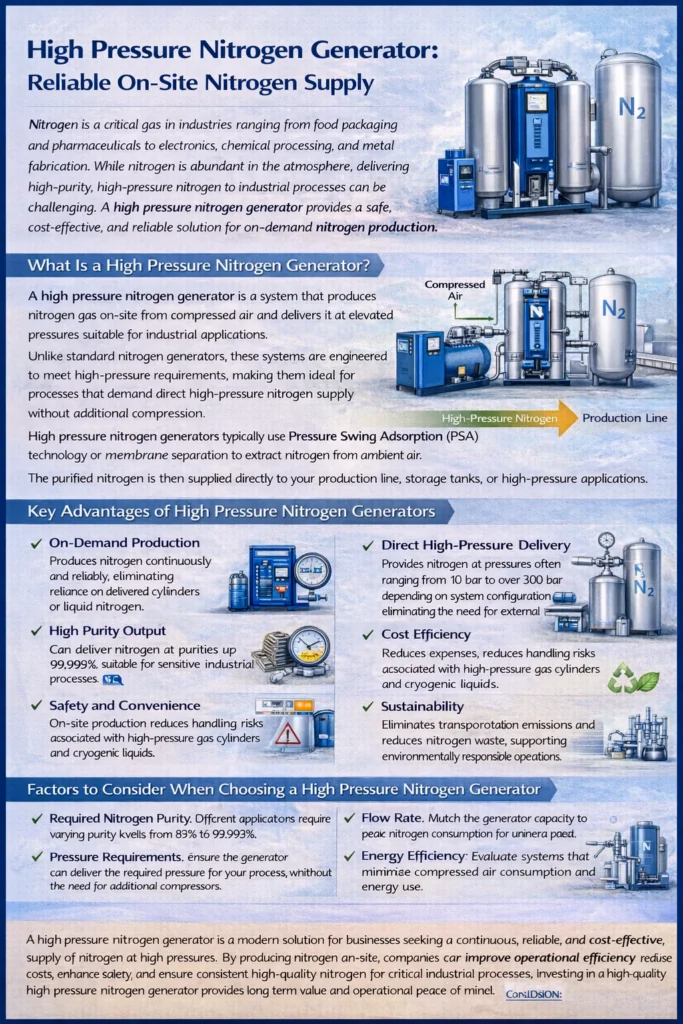 Infographic about a high-pressure nitrogen generator for reliable on-site N₂ supply, explaining what it is, PSA/membrane process, key advantages (purity, direct high-pressure delivery, cost, safety, sustainability), and selection factors.