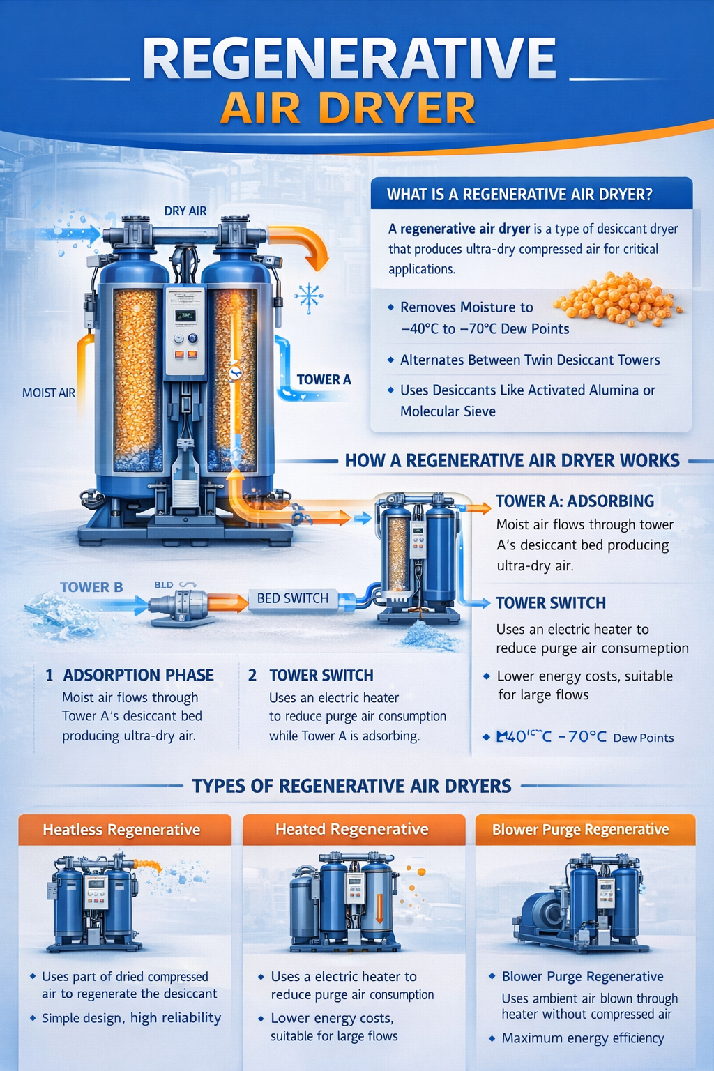 Infographic of a regenerative desiccant air dryer showing twin towers, moisture removal to –40°C to –70°C dew point, and types: heatless, heated, and blower purge.