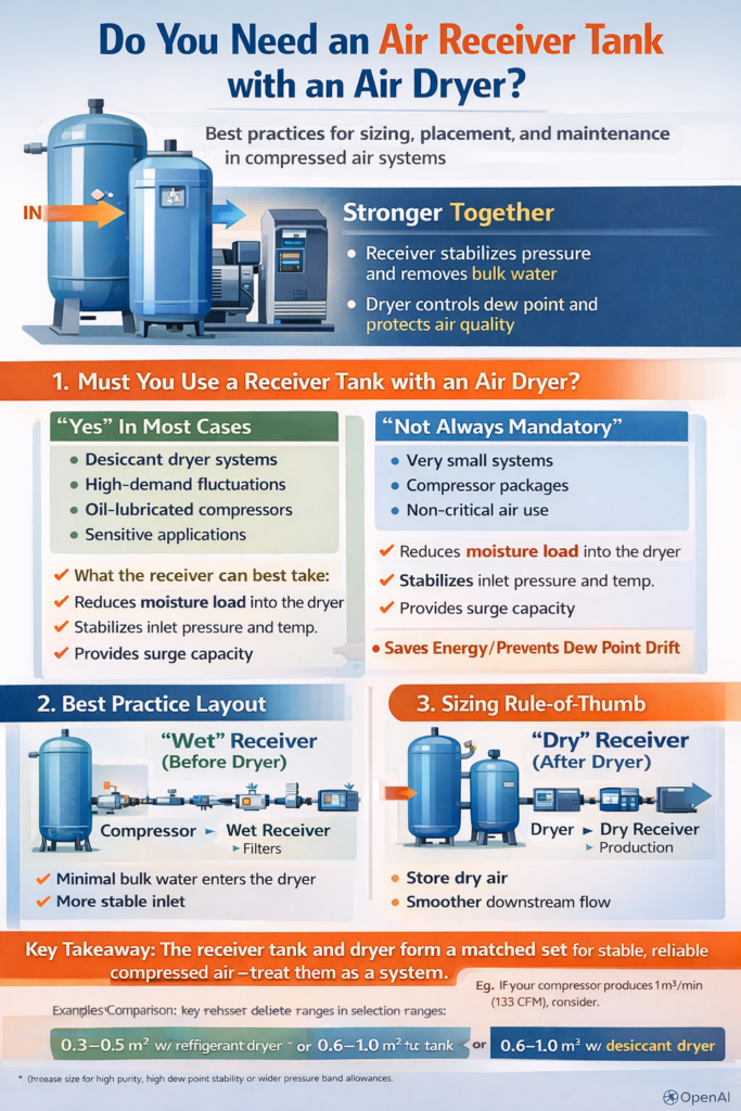 Infographic explaining whether an air receiver tank should be used with an air dryer, showing key benefits (pressure stabilization and bulk water removal), best-practice layouts (wet tank before dryer, dry tank after), and simple sizing guidance.