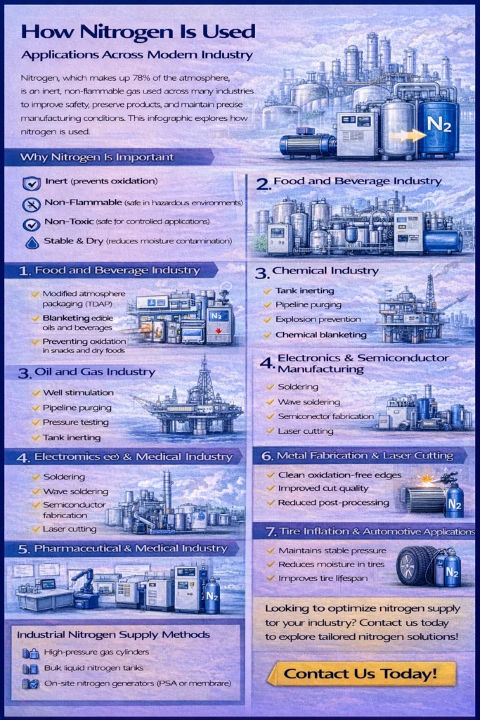 Infographic explaining how nitrogen is used across industries, including food packaging, chemical inerting, oil and gas, electronics manufacturing, pharmaceuticals, metal fabrication, and automotive applications.