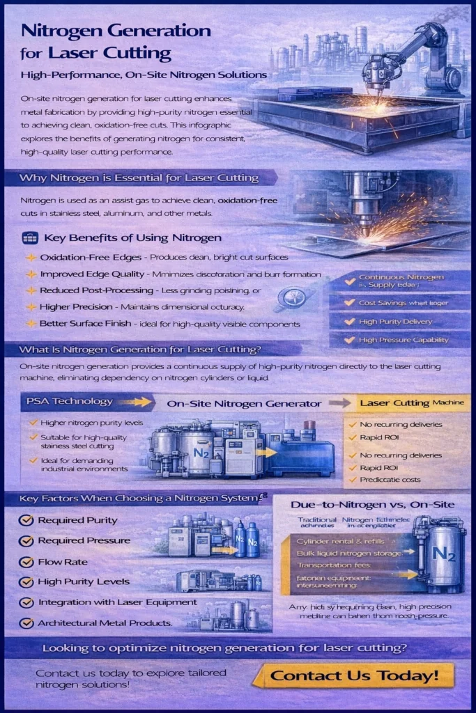 Infographic explaining nitrogen generation for laser cutting, highlighting oxidation-free cutting, high-purity nitrogen supply, PSA technology, cost savings, and improved metal fabrication quality.