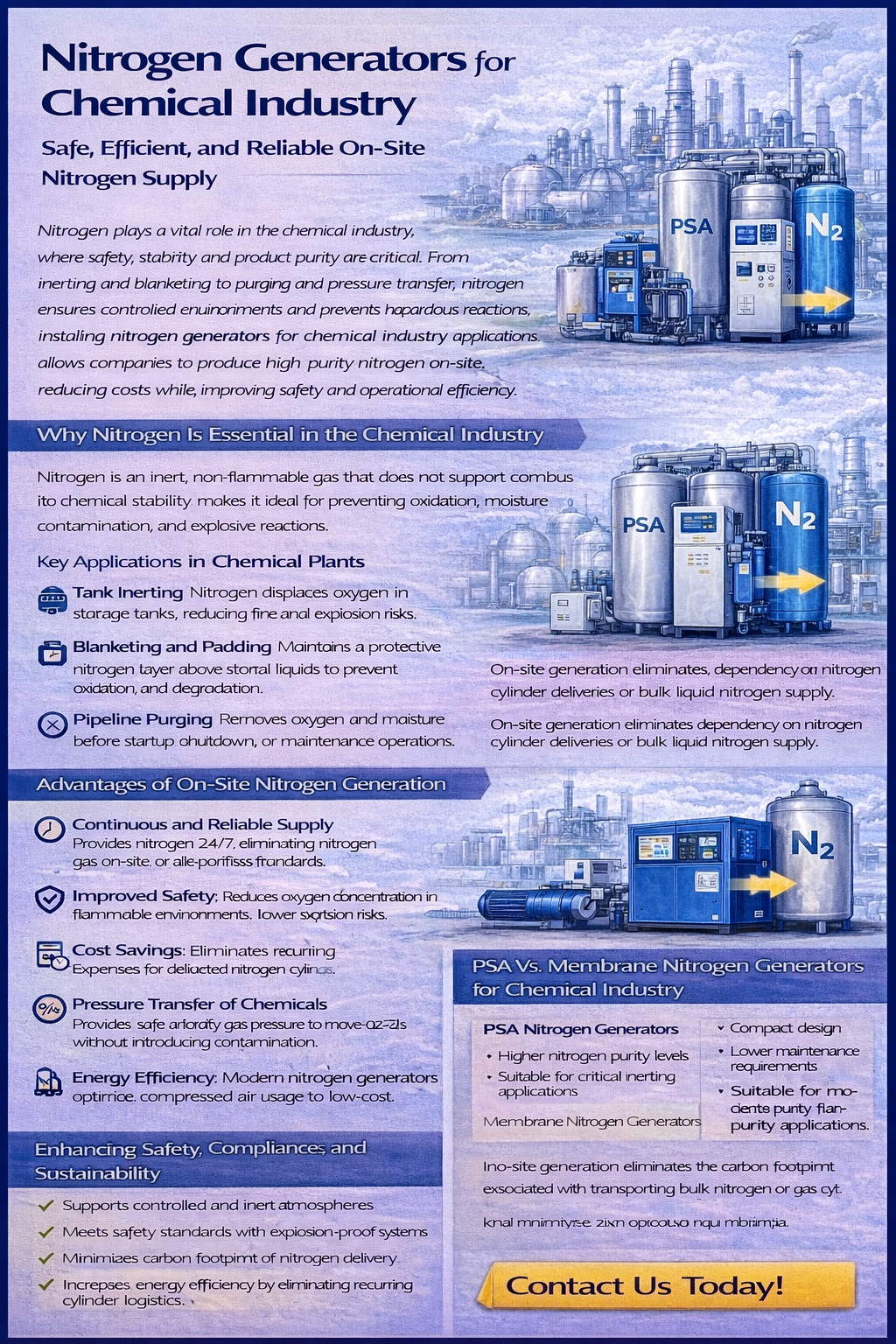 Infographic illustrating nitrogen generators for chemical industry applications, including tank inerting, blanketing, pipeline purging, explosion prevention, and benefits of on-site nitrogen production.