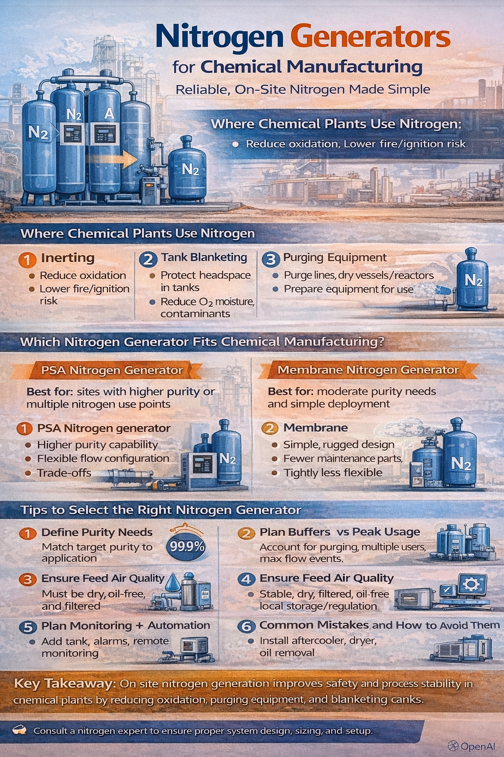 Infographic on nitrogen generators for chemical manufacturing, showing where chemical plants use nitrogen (inerting, tank blanketing, purging), a PSA vs membrane comparison, key benefits of on-site N₂, and a checklist for selecting purity, flow, buffer capacity, feed air quality, and monitoring.