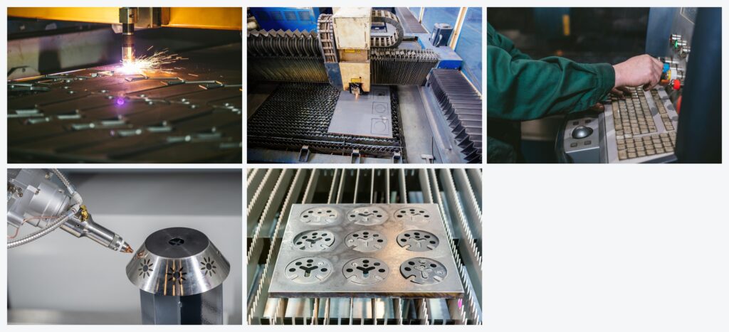Industrial laser cutting process showing metal sheet cutting, CNC operation, laser head, and finished metal parts using nitrogen assist gas