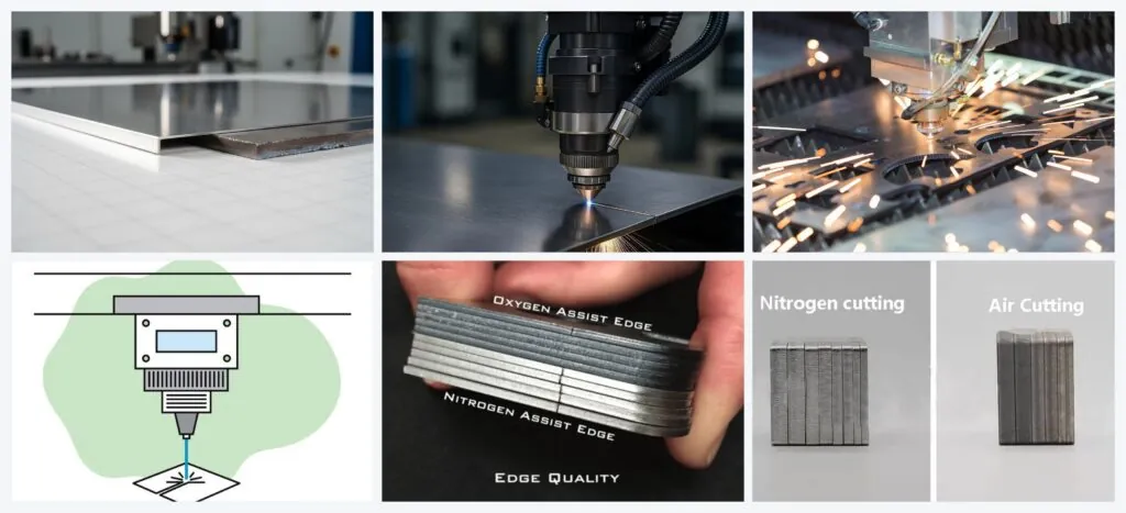 Nitrogen generator laser cutting system showing clean metal edge quality, PSA nitrogen production process and industrial laser cutting applications